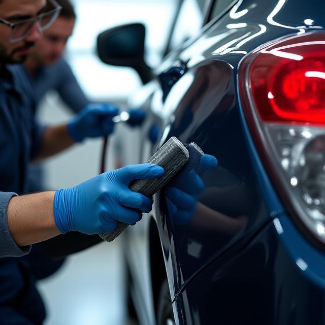 Team di detagliatori professionisti al lavoro su una vernice auto